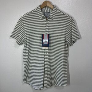 LUGU‎ Polo Cotton Pique LS Oxford Shirt Mens Large Green White Stripe Portugal